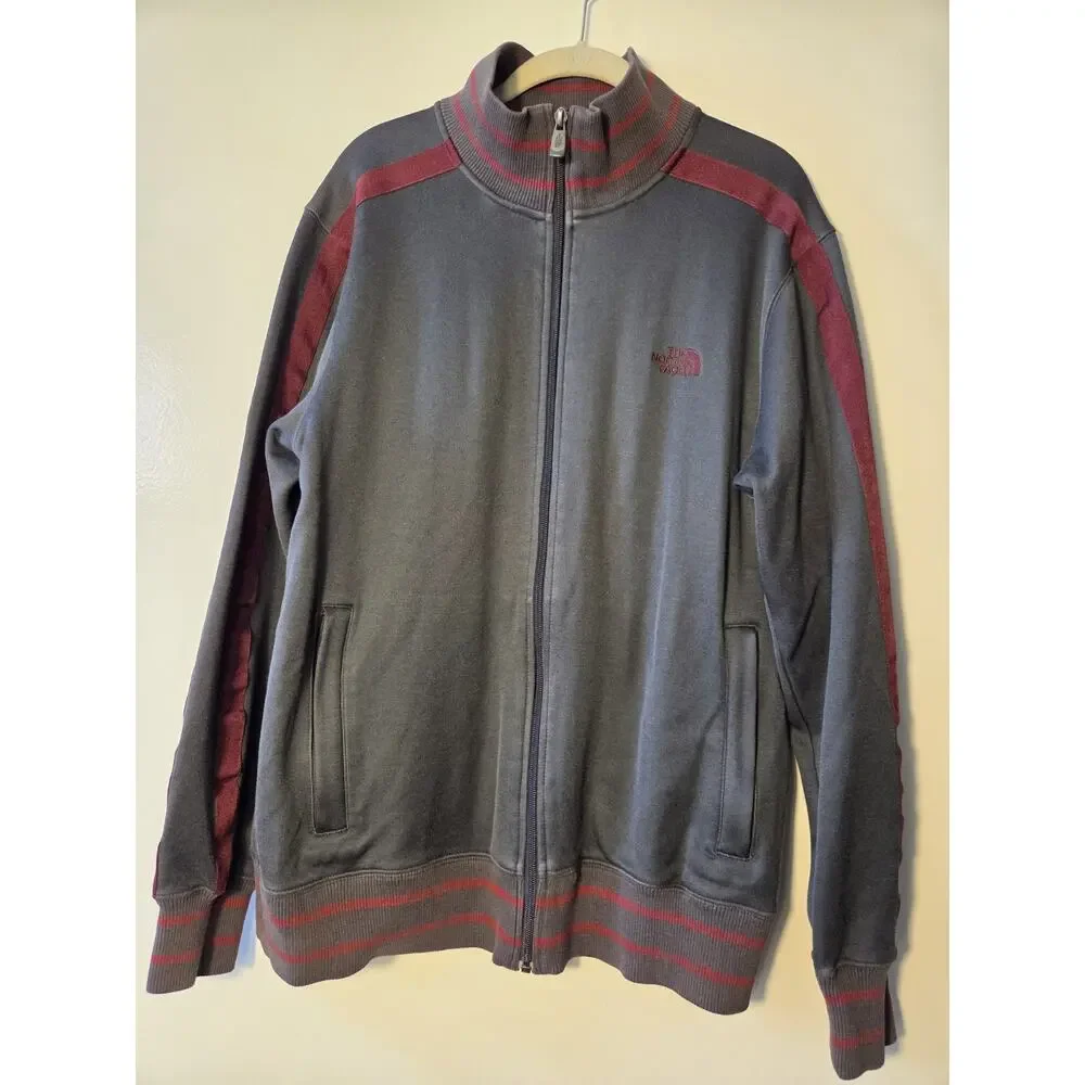 The North Face Full Zip Track Athletic Jacket Gray Maroon Stripe Men’s Large